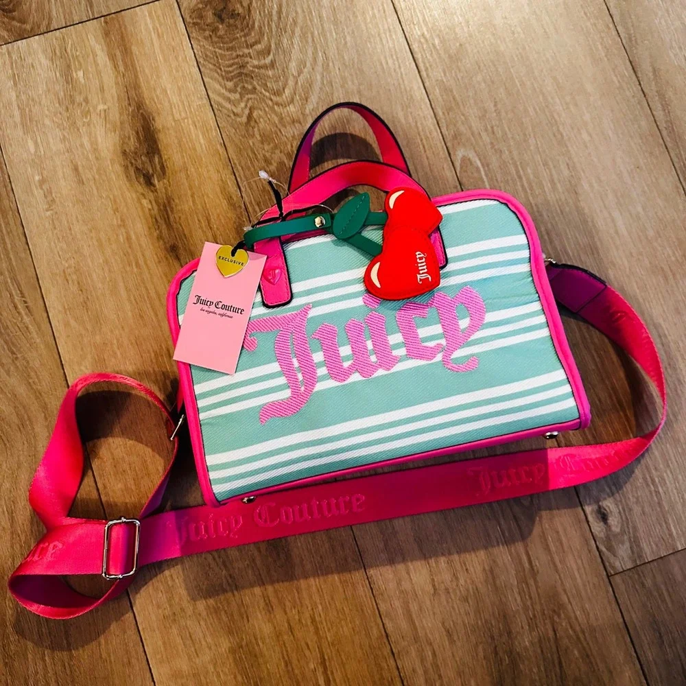 Juicy Couture Paradise Satchel Retro Green Pink Striped Crossbody NEW